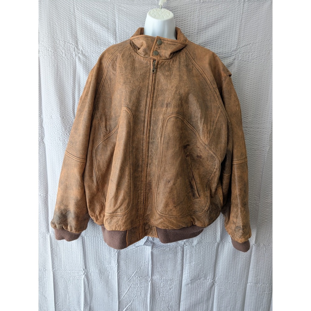 Context Vintage Distressed Leather Bomber Jacket Brown XL Full Zip Mock Neck